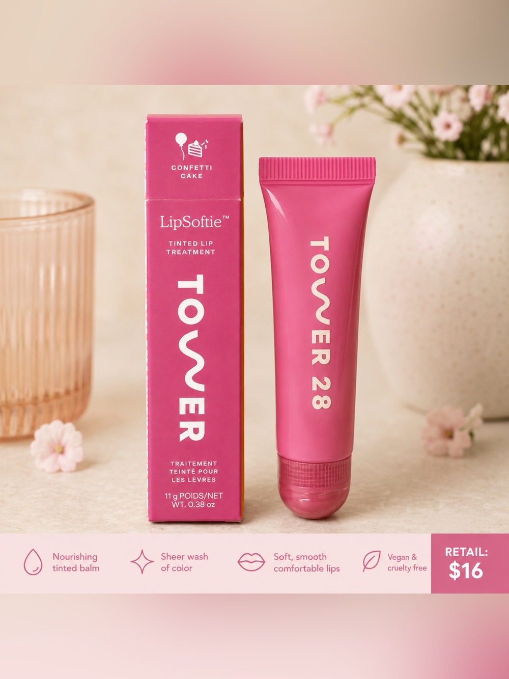 Tower 28 LipSoftie Tinted Lip Treatment – Confetti Cake – NIB